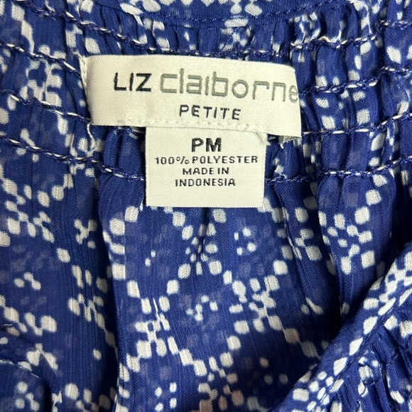 LIZ CLAIBORNE Blue White Sheer Short Sleeved Blouse Size Medium Petite - Picture 4 of 4